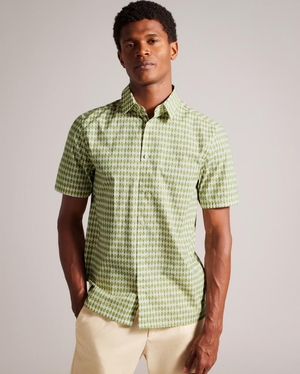 Chemises Ted Baker Short Sleeve Micro Leaf Vert Olive Homme | XMD-24315212